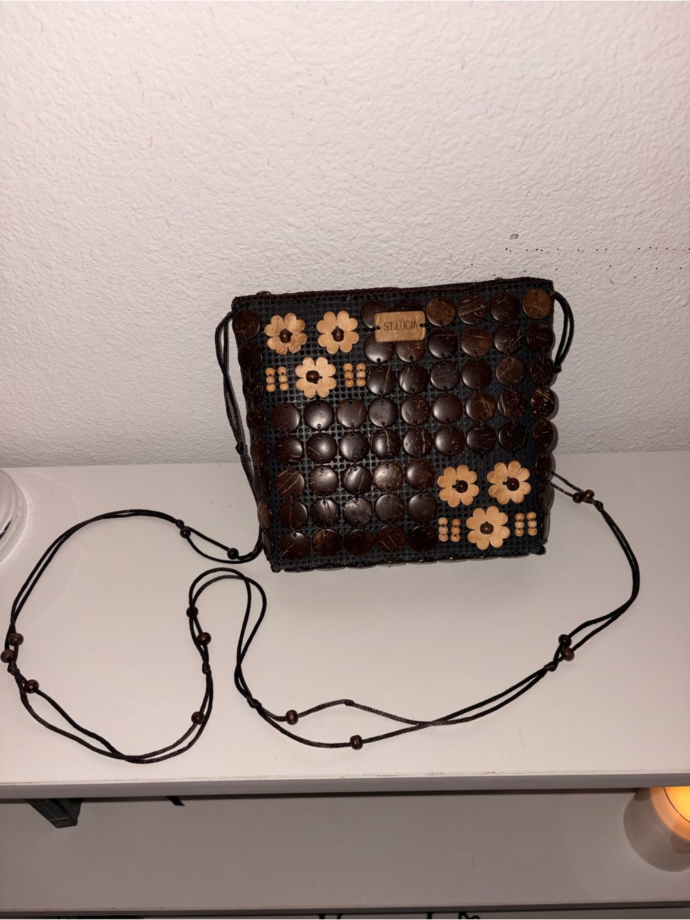 Stella & Dot Brown Beaded Crossbody with Cream Floral Accents